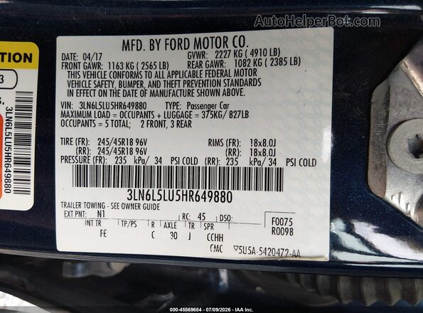 3LN6L5LU5HR649880 2017 LINCOLN MKZ HYBRID Синий Вид подкапотного пространства