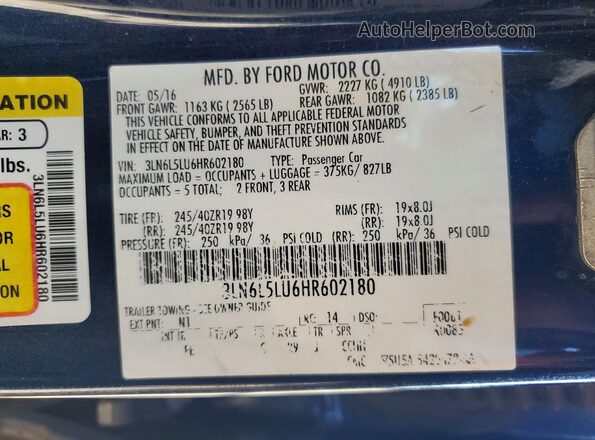 3LN6L5LU6HR602180 2017 LINCOLN MKZ Blue VIN კოდის სტიკერის ხედი