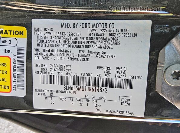 3LN6L5MU1JR614872 2018 LINCOLN MKZ Black Engine compartment view