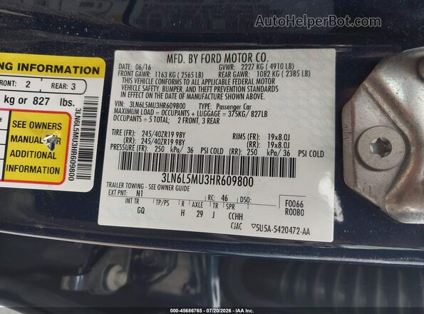 3LN6L5MU3HR609800 2017 LINCOLN MKZ HYBRID Blue Vista del compartimento del motor