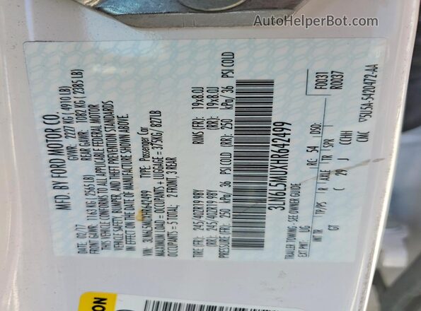 3LN6L5MUXHR642499 2017 LINCOLN MKZ White Vista de la etiqueta del VIN