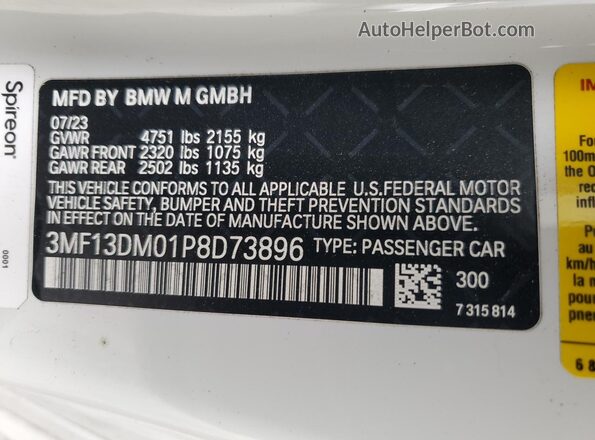 3MF13DM01P8D73896 2023 BMW M2 White Vista de la etiqueta del VIN