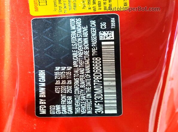 3MF13DM07P8D68668 2023 BMW M2 Red VIN կոդի պիտակի տեսք