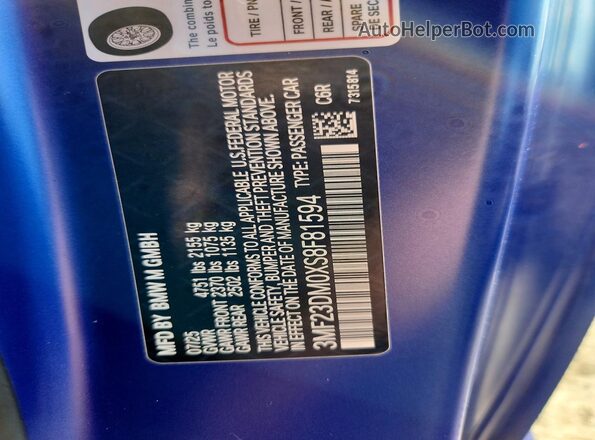 3MF23DM0XS8F81594 2025 BMW M2 Blue VIN კოდის სტიკერის ხედი