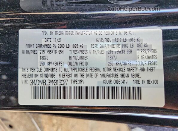 3MVDMABL3MM316027 2021 MAZDA CX-30 Black VIN sticker view