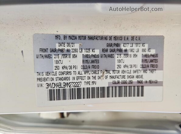 3MVDMABL9MM272227 2021 MAZDA CX-30 White სალონის 360-გრადუსიანი ხედი