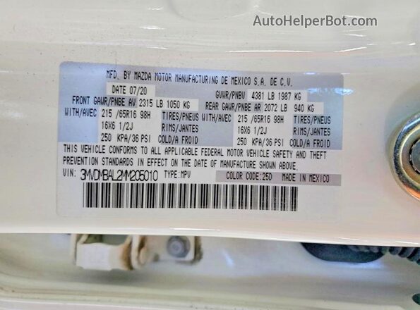 3MVDMBAL2MM205010 2021 MAZDA CX-30 White Вид наклейки з VIN-кодом