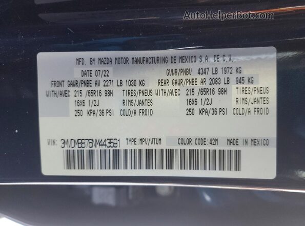3MVDMBB76NM443591 2022 MAZDA CX-30 Blue Вид наклейки з VIN-кодом