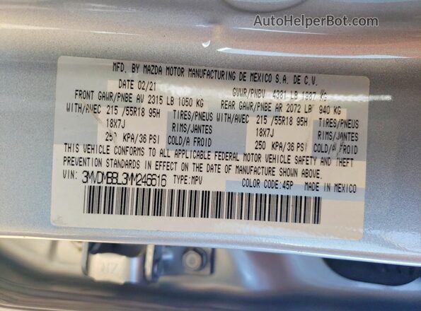 3MVDMBBL3MM246616 2021 MAZDA CX-30 Silver VIN sticker view