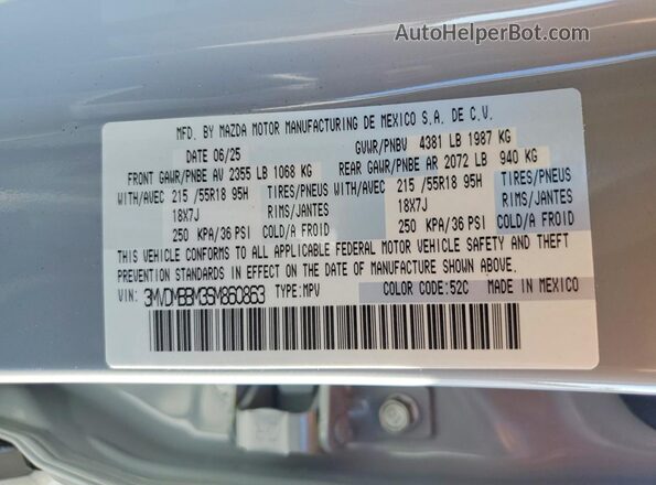 3MVDMBBM3SM860863 2025 MAZDA CX-30 Gray VIN კოდის სტიკერის ხედი
