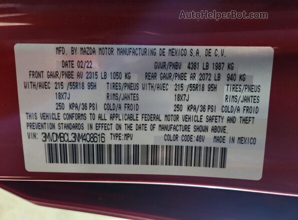 3MVDMBCL3NM408616 2022 MAZDA CX-30 Red VIN sticker view