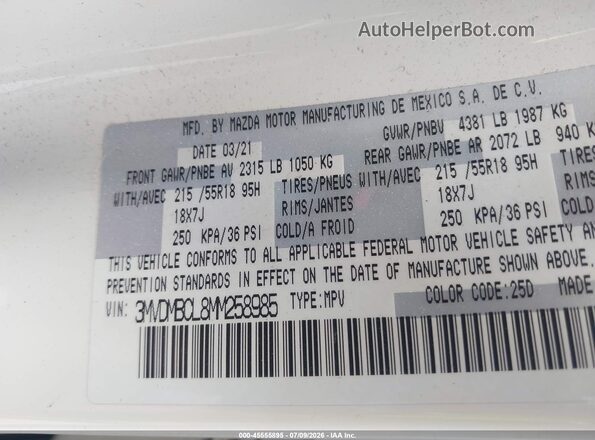3MVDMBCL8MM258985 2021 MAZDA CX-30 White Vista del compartimento del motor