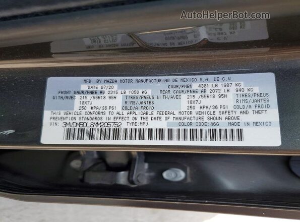 3MVDMBDL8MM205752 2021 MAZDA CX-30 Gray Вид наклейки з VIN-кодом
