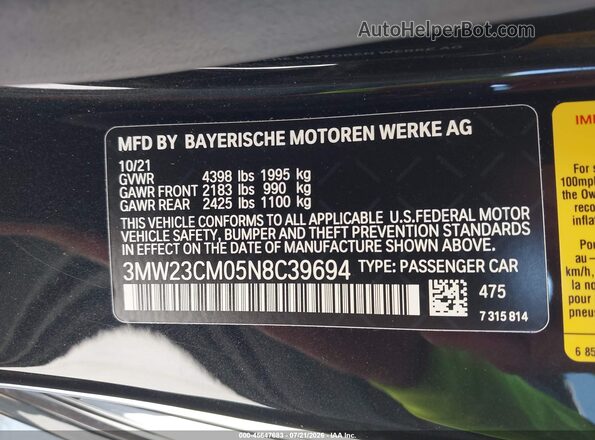 3MW23CM05N8C39694 2022 BMW 2 SERIES Black ძრავის განყოფილების ხედი