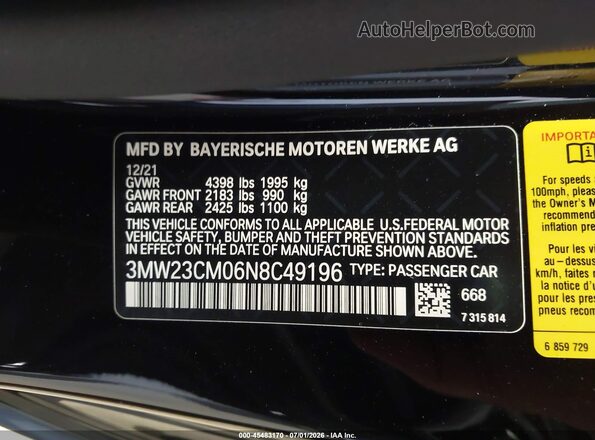 3MW23CM06N8C49196 2022 BMW 2 SERIES Black Вид підкапотного простору