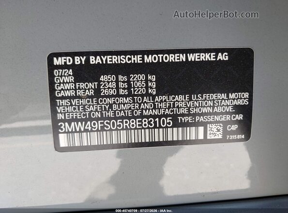 3MW49FS05R8E83105 2024 BMW M3 Серый Вид подкапотного пространства
