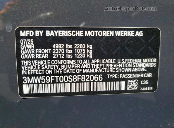 3MW59FT00S8F82066 2025 BMW M3 Gray VIN კოდის სტიკერის ხედი