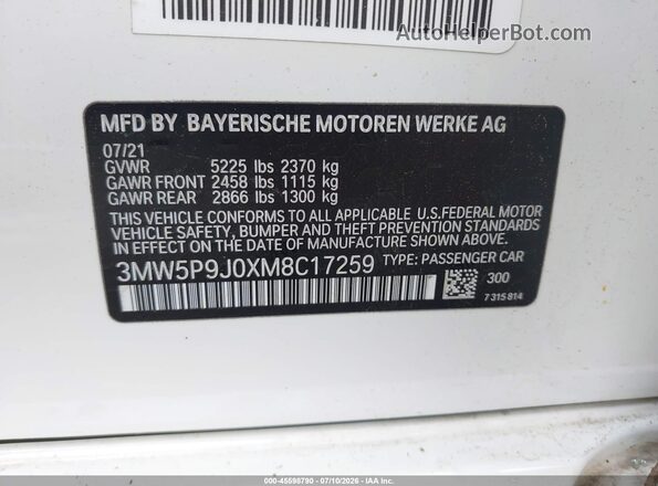 3MW5P9J0XM8C17259 2021 BMW 3 SERIES White Շարժիչի բաժամունքի տեսք
