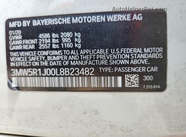 3MW5R1J00L8B23482 2020 BMW 3 SERIES White Widok komory silnika