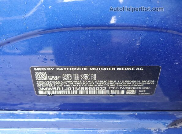 3MW5R1J01M8B65032 2021 BMW 3 SERIES Blue Vista de la etiqueta del VIN