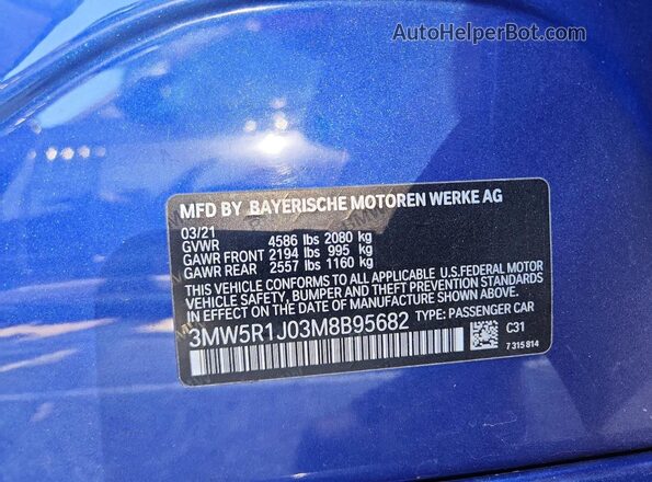 3MW5R1J03M8B95682 2021 BMW 3 SERIES Blue VIN sticker view