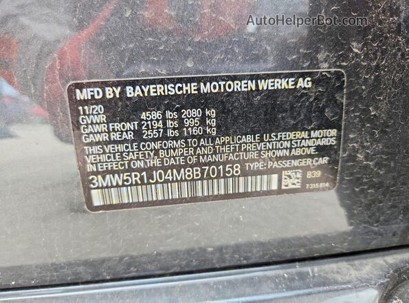 3MW5R1J04M8B70158 2021 BMW 3 SERIES Gray VIN կոդի պիտակի տեսք