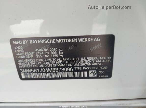 3MW5R1J04M8B78096 2021 BMW 3 SERIES White Շարժիչի բաժամունքի տեսք