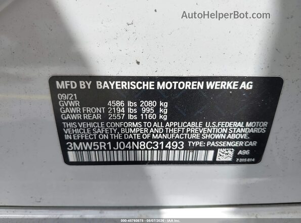 3MW5R1J04N8C31493 2022 BMW 3 SERIES White Vista del compartimento del motor