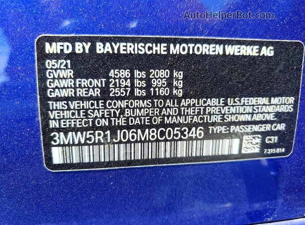 3MW5R1J06M8C05346 2021 BMW 3 SERIES Blue Engine compartment view