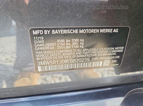 3MW5R1J09L8B20239 2020 BMW 3 SERIES Gray Widok naklejki z numerem VIN