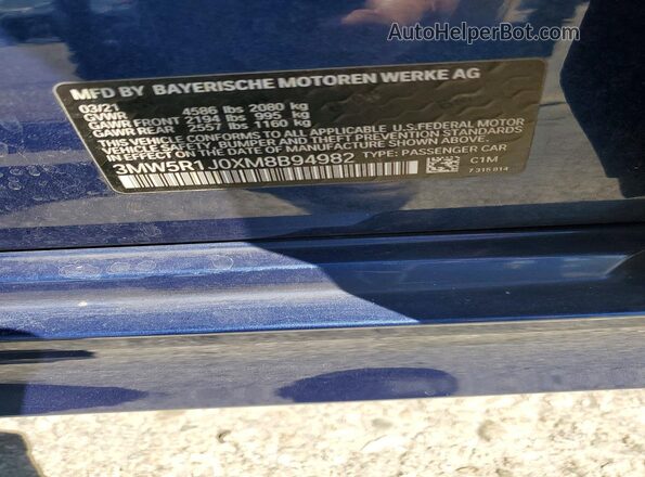 3MW5R1J0XM8B94982 2021 BMW 3 SERIES Blue Engine compartment view