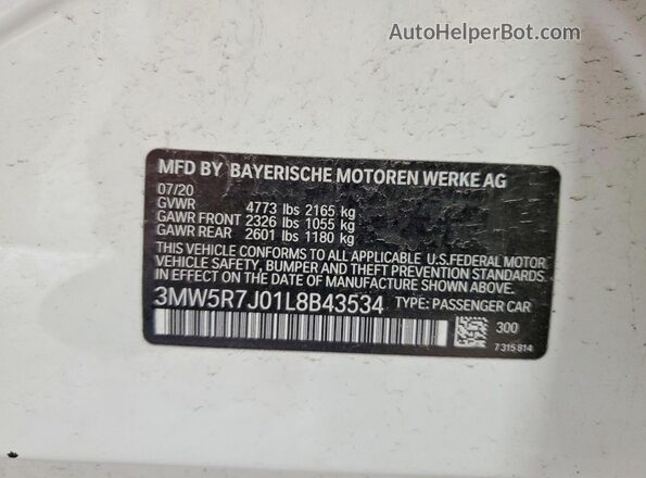 3MW5R7J01L8B43534 2020 BMW 3 SERIES White VIN კოდის სტიკერის ხედი
