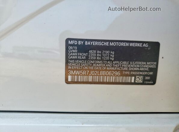 3MW5R7J02L8B06296 2020 BMW 3 SERIES White ძრავის განყოფილების ხედი