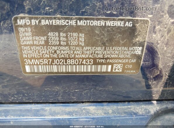 3MW5R7J02L8B07433 2020 BMW 3 SERIES Dark Blue Engine compartment view