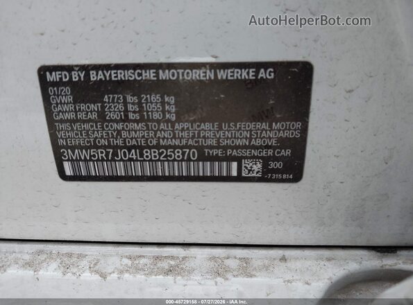 3MW5R7J04L8B25870 2020 BMW 3 SERIES White Вид підкапотного простору