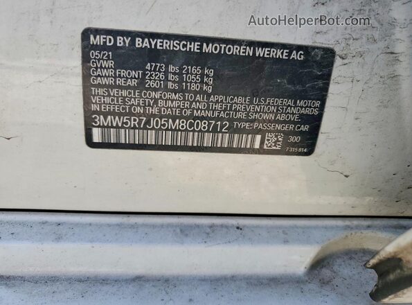 3MW5R7J05M8C08712 2021 BMW 3 SERIES White Widok komory silnika
