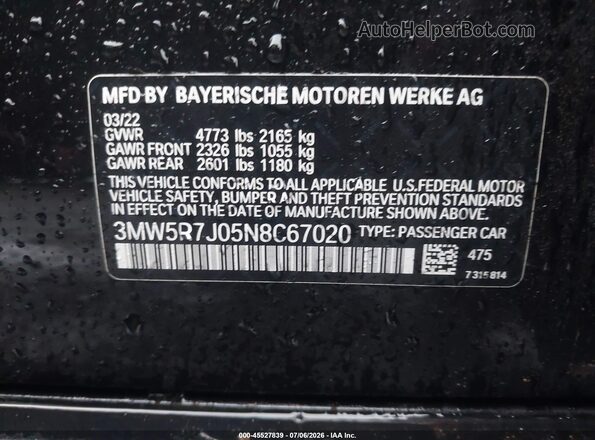 3MW5R7J05N8C67020 2022 BMW 3 SERIES Black ძრავის განყოფილების ხედი
