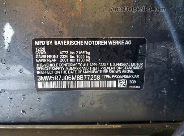 3MW5R7J06M8B77258 2021 BMW 3 SERIES Charcoal Vista de la etiqueta del VIN