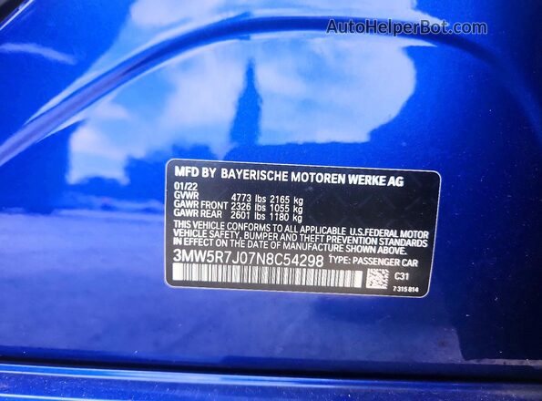 3MW5R7J07N8C54298 2022 BMW 3 SERIES Blue Vista del compartimento del motor