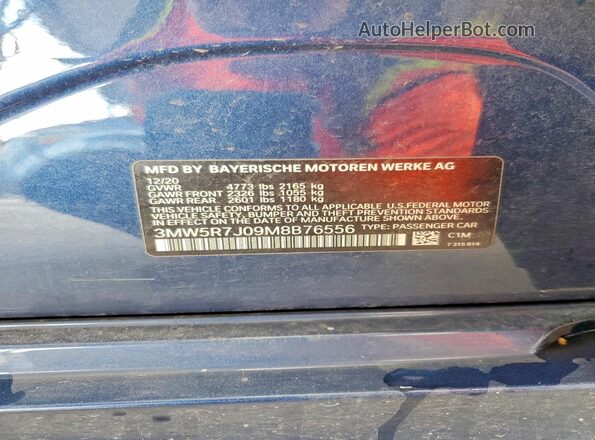 3MW5R7J09M8B76556 2021 BMW 3 SERIES Blue Engine compartment view