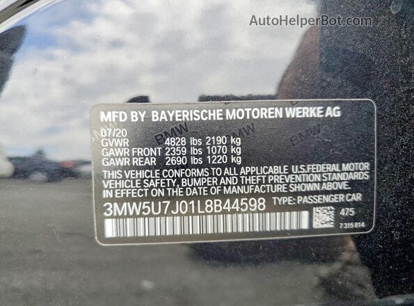 3MW5U7J01L8B44598 2020 BMW M3 Black Вид наклейки з VIN-кодом