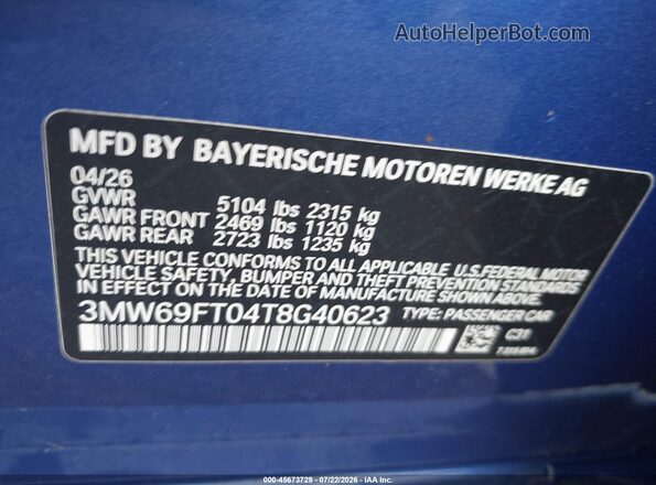 3MW69FT04T8G40623 2026 BMW M3 Blue Vista del compartimento del motor