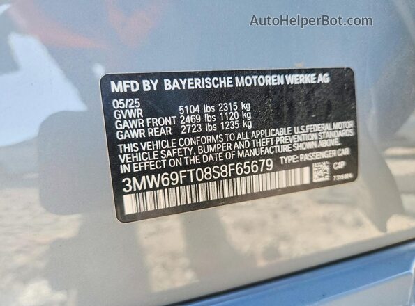 3MW69FT08S8F65679 2025 BMW M3 Gray VIN კოდის სტიკერის ხედი