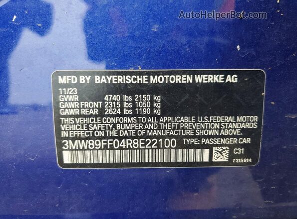 3MW89FF04R8E22100 2024 BMW 3 SERIES Blue Շարժիչի բաժամունքի տեսք