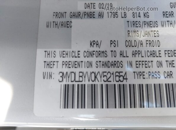 3MYDLBYV0KY521654 2019 TOYOTA YARIS Бирюзовый Вид подкапотного пространства