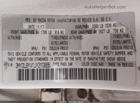 3MYDLBYV1JY310865 2018 TOYOTA YARIS IA White Engine compartment view
