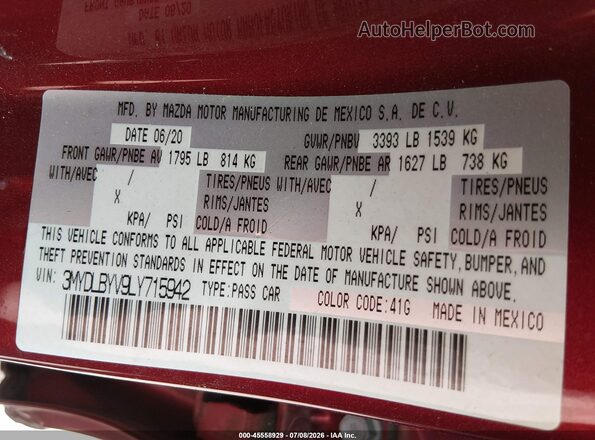 3MYDLBYV9LY715942 2020 TOYOTA YARIS Red Vista del compartimento del motor
