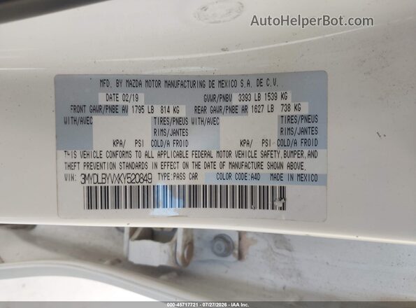3MYDLBYVXKY520849 2019 TOYOTA YARIS White Շարժիչի բաժամունքի տեսք