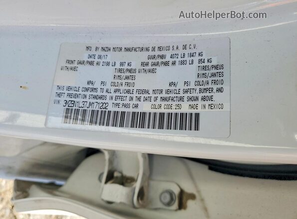 3MZBN1L37JM171202 2018 MAZDA 3 White VIN კოდის სტიკერის ხედი