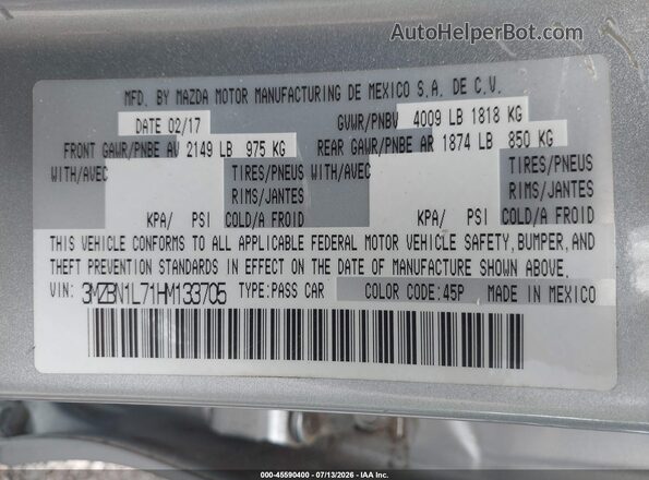 3MZBN1L71HM133705 2017 MAZDA 3 Silver Շարժիչի բաժամունքի տեսք